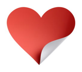Red gradient heart sticker with corner peeling showing dimension and depth, isolated on transparent background