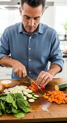 Man in a blue shirt chopping vegetables on a wooden cutting board in a bright kitchen with a variety of colorful ingredients.