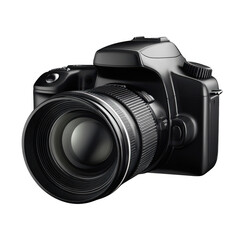 Fototapeta premium A professional black digital SLR camera with a high-tech lens and shutter focus is isolated on a white background as a classic piece of modern photographic equipment for digital photography