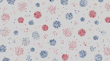 Festive Pattern of Pixelated Fireworks in Red White and Blue on Light Gray Background