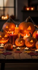 A collection of carved jack-o'-lanterns and lit candles on a wooden table with colorful autumn decorations in a dimly lit room with warm tones and a festive Halloween mood.