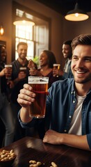 Smiling young man toasting with a glass of beer at a wooden table with friends in a cozy pub with warm lighting.