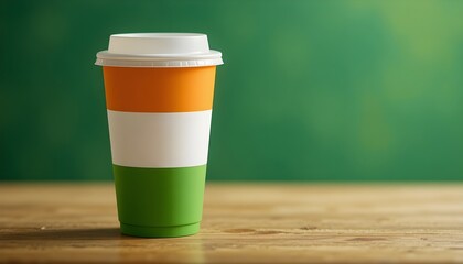 Takeaway coffee cup in saffron white and green placed on wooden surface best for cafe branding, patriotic promotions, and lifestyle advertising