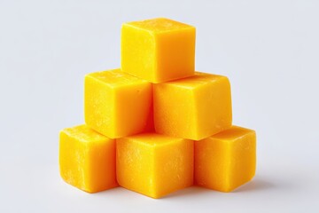 Stack Of Freshly Cut Yellow Mango Cubes Against White Backdrop