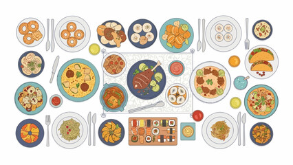 Variety of dishes food assortment cuisine collection.