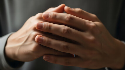 Close-up of a person's hands clasped together, showing a moment of contemplation or concern in dim lighting.