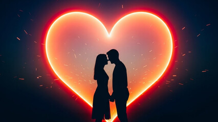 A stunning silhouette captures a couple facing each other, intimately close, against a vibrant glowing neon heart emanating sparkling particles.