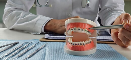 Educational dental model showcasing orthodontic braces on teeth in a dental
