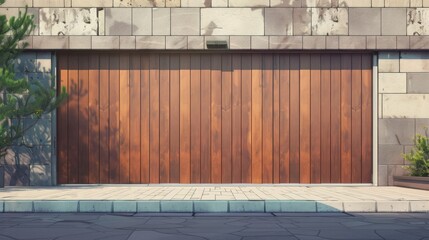 
Wide automatic sliding gate made of planks with remote control, installed in high stone fence wall. Security, protection, privacy concept for automated property. Modern, electrical design, closed