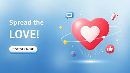 A modern digital graphic illustrating a stylized heart with orbiting social media icons and a call to action button, promoting the concept of spreading love online.