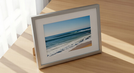 Fototapeta premium Framed beach scene displayed on a wooden surface with natural light creating soft shadows nearby