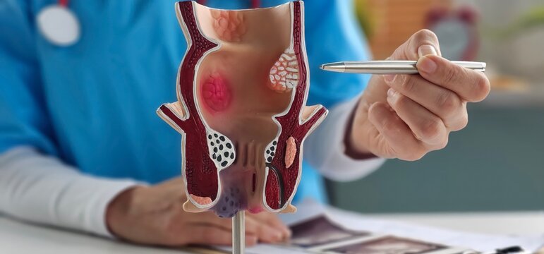 Doctor with rectum and hemorrhoid human anatomy model at hospital, inflamed vascular structure concept