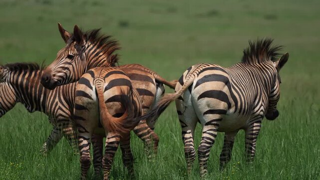 Cinematic slow-motion footage of zebras running and interacting in the African bushveld, capturing dynamic movement, social behavior, and natural beauty under golden daylight during a safari gamedrive