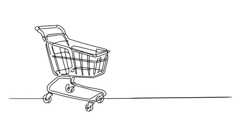 Retail Flow: Stylized Trolley Sketch, Minimalist wireframe basket with wheels, ideal for e-commerce and marketing visuals.