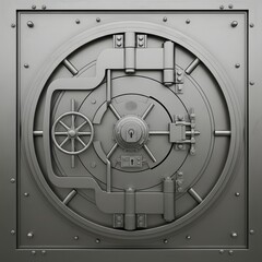Obraz premium Close-up metallic bank vault door with circular lock mechanism and wheel for security and safety