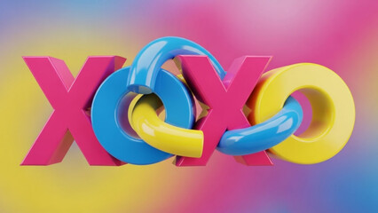 A vibrant 3D rendering of the letters XOXO interlocking in bright blue, yellow, and pink colors against a playful gradient background, symbolizing hugs and kisses.