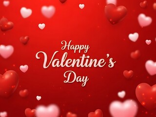 Happy Valentine’s Day with floating red and pink hearts on red background