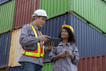 Two logistics workers discussing freight operation using digital tablet at container yard. Professional teamwork in warehouse management, cargo logistics, international shipping and export.