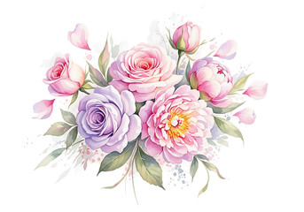 Delicate floral bouquet with roses and peonies isolated on transparent background