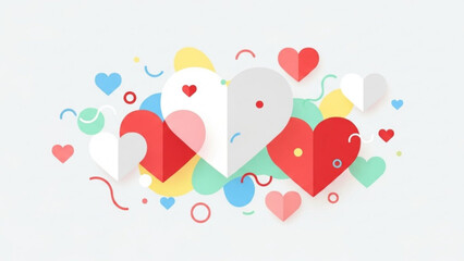 A vibrant collection of multi-colored paper-cut style hearts and geometric shapes forms an artistic arrangement on a soft, light gray background, radiating joy and celebration.