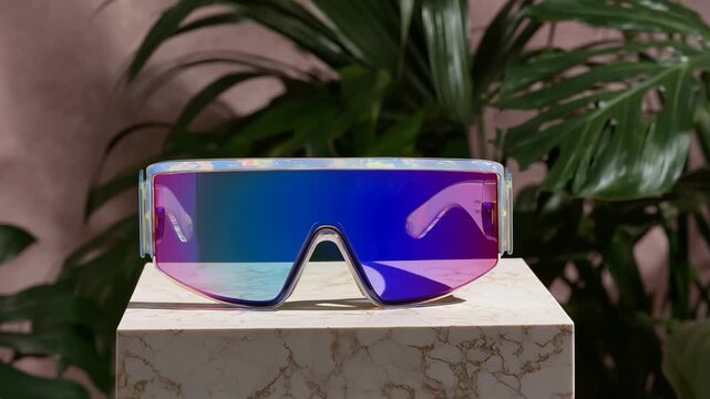 Sunglasses with rainbow-tinted lenses resting on a flat surface, reflecting vibrant colors.