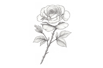 Black and white rose with bud and leaves depicting botanical artwork, a detailed graphic illustration transparent background