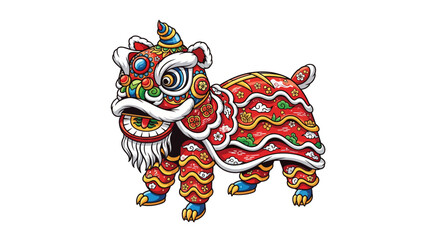 Vibrant traditional Chinese lion dance illustration, capturing the festive spirit of cultural celebrations and new year festivities with rich colors and details