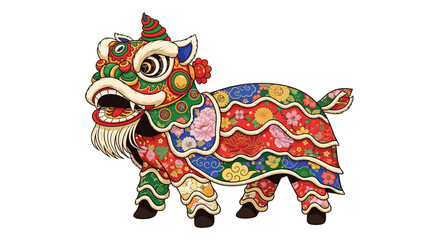 Vibrant and intricately designed Chinese Lion Dance costume illustration, symbolizing prosperity and good fortune during celebrations