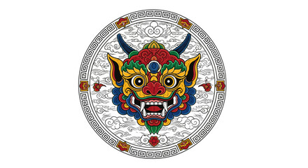 Decorative Tibetan Mask Motif Featuring a Mythical Creature with Vibrant Colors and Intricate Designs