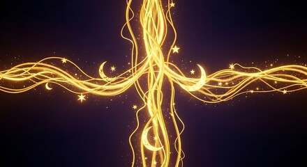 Abstract golden lines with stars and crescent moon shapes against dark background