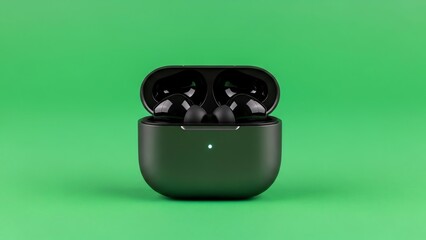 Close-up of a sleek black wireless earbuds case with the lid open on a green background, showcasing the earbuds inside, with a minimalist and modern feel.