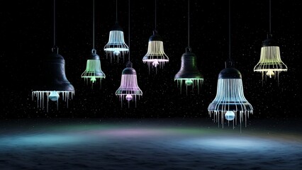 Mystical bells illuminated in vibrant hues hang in space above an ethereal, moonlit landscape