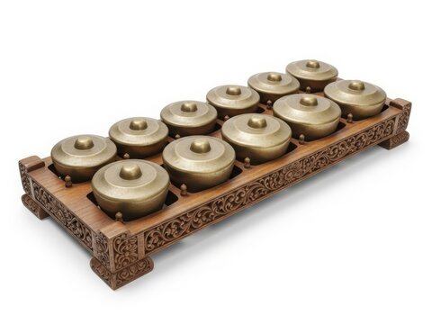 Javanese bonang traditional musical instrument, bronze gong pots arranged on wooden frame, Indonesian cultural heritage