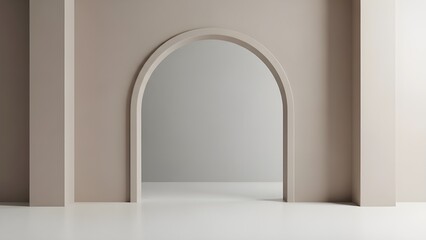 The minimalist interior with soft architectural curves, a neutral color palette of cream and white, creates a calm, elegant and modern atmosphere with subtle lighting.