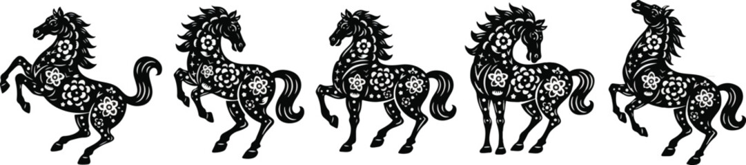 Set of Five Traditional Chinese Paper-Cut Style Black Silhouette Horses with Floral Patterns in Various Galloping and Prancing Poses Isolated on White Background, Vector Illustration