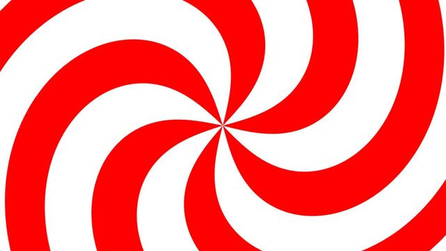 Vibrant red and white hypnotic spiral rotation animation featuring a classic pinwheel swirl pattern for circus carnival backgrounds and high energy cinematic video intros.
