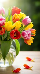 Close-up of a clear glass vase filled with vibrant tulips in various colors on a wooden table with scattered petals and a blurred green background.
