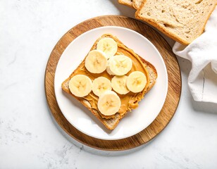 Delicious peanut butter banana toast on a wooden plate