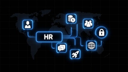 Global human resources management concept with blue neon on dark map background