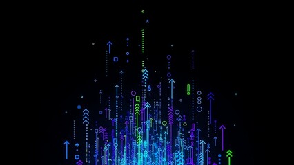 Dynamic digital data flow upward arrows representing technological progress.