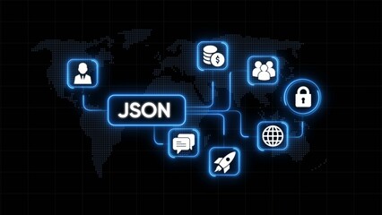 J S O N data exchange on map background json globe