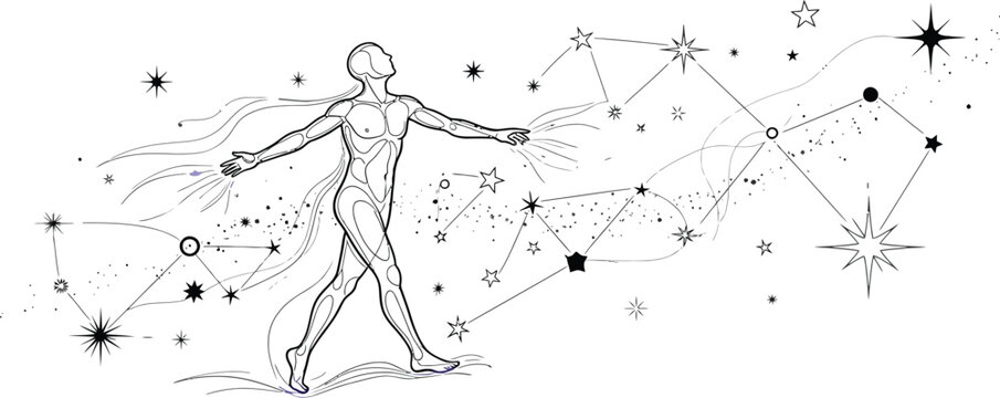 Stylized line art illustration depicts a human figure connecting with the cosmic energy of a constellation pattern across a bright background.