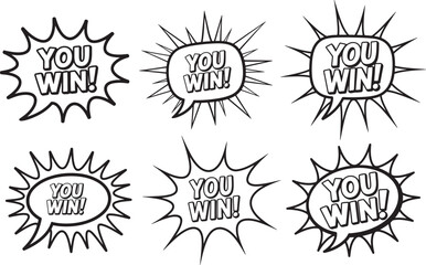 Set of You Win Comic Speech Bubble Burst Effect Line Art Coloring Book Page Outline Vector Illustration