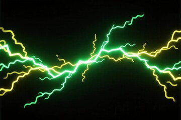 Bright Green and Yellow Lightning Strikes on Black Background