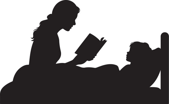 Silhouette of a woman reading a book to a child