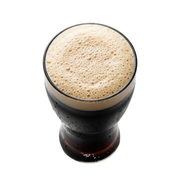obsidian stout beer in a nonic pint glass with creamy beige nitro foam and micro-bubble detail, isolated on a seamless high-key white background, flat lay. concept for beverage advertising