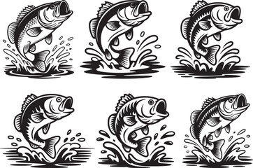 Fototapeta premium Set of Large Bass Fish Leaping Out of Water Silhouette Vector Illustration