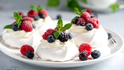Delicious Meringue Pavlovas Topped with Fresh Berries and Cream.