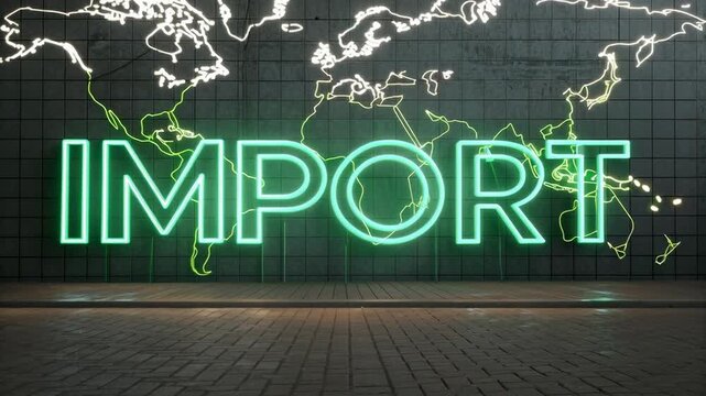 Neon import word global map world business concept bright green light modern wall glow