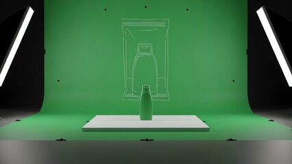 A green glass bottle standing on a white platform in a studio with green walls and floor and two light sources.